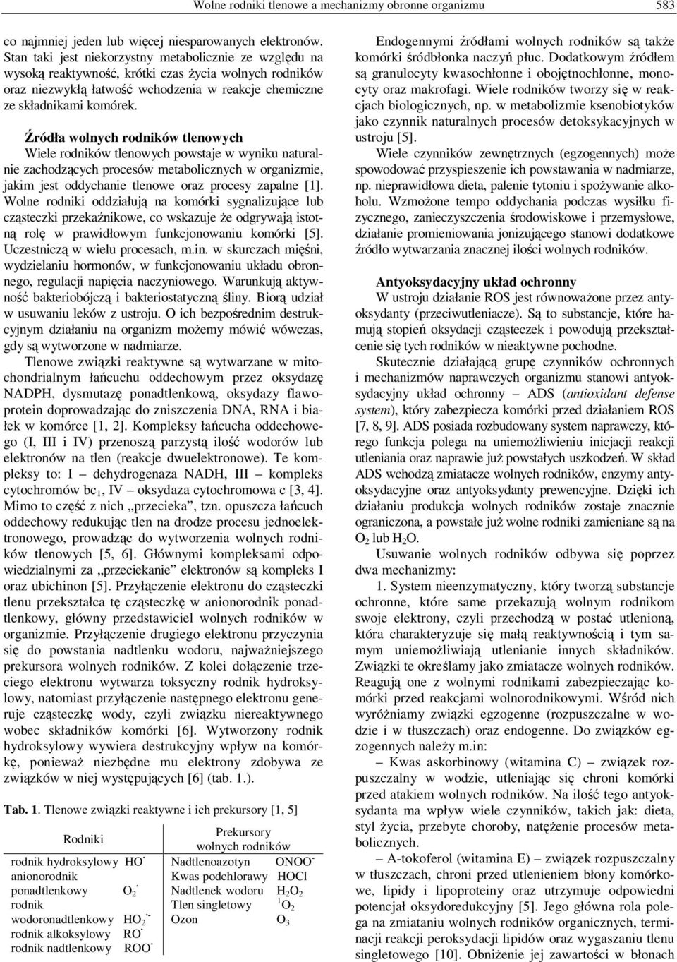 Źródła wolnych rodników tlenowych Wiele rodników tlenowych powstaje w wyniku naturalnie zachodzących procesów metabolicznych w organizmie, jakim jest oddychanie tlenowe oraz procesy zapalne [1].