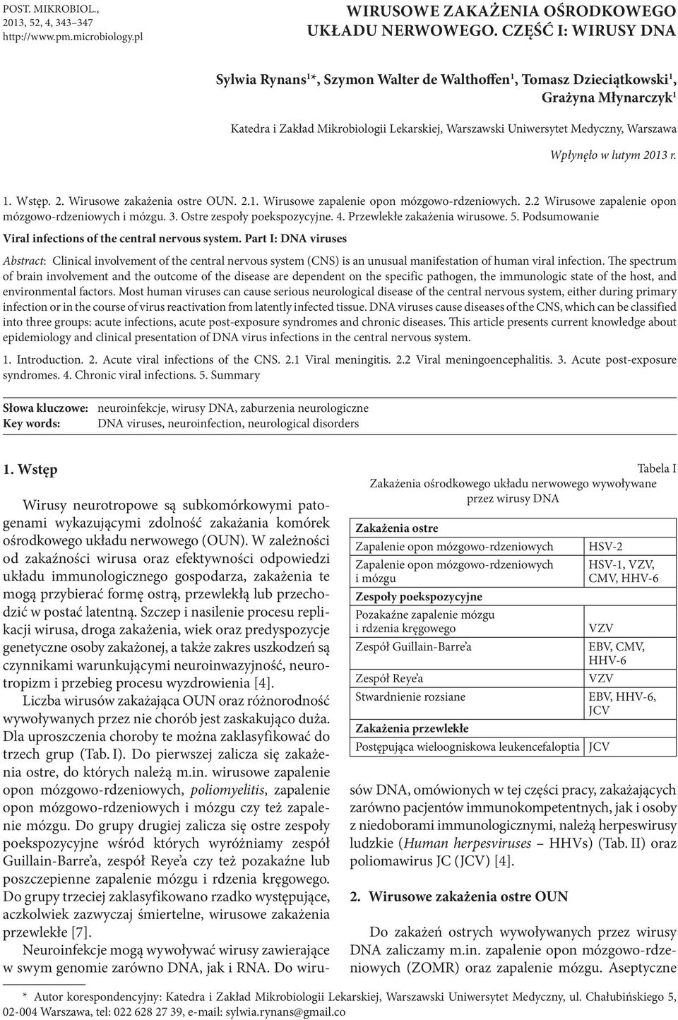 Warszawa Wpłynęło w lutym 2013 r. 1. Wstęp. 2. Wirusowe zakażenia ostre OUN. 2.1. Wirusowe zapalenie opon mózgowo-rdzeniowych. 2.2 Wirusowe zapalenie opon mózgowo-rdzeniowych i mózgu. 3.