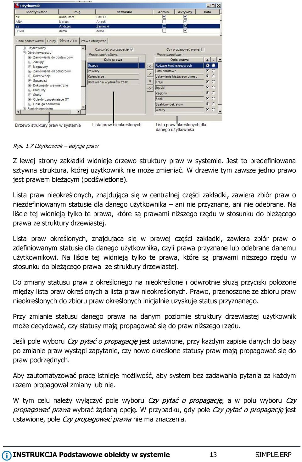 Lista praw nieokreślonych, znajdująca się w centralnej części zakładki, zawiera zbiór praw o niezdefiniowanym statusie dla danego użytkownika ani nie przyznane, ani nie odebrane.