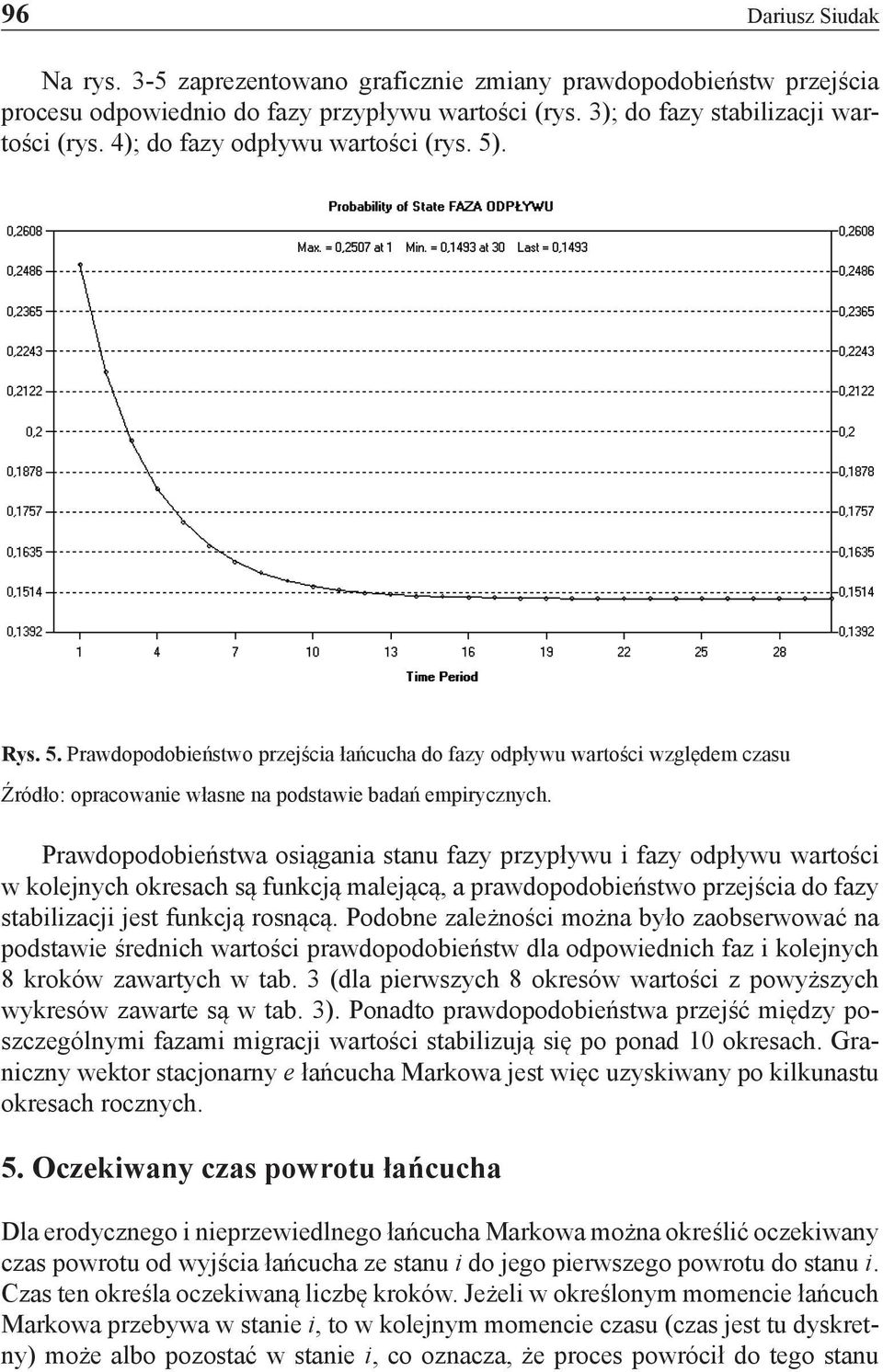 Prawdopodobieństwa osiągania stanu fazy przypływu i fazy odpływu wartości w kolejnych okresach są funkcją malejącą, a prawdopodobieństwo przejścia do fazy stabilizacji jest funkcją rosnącą.