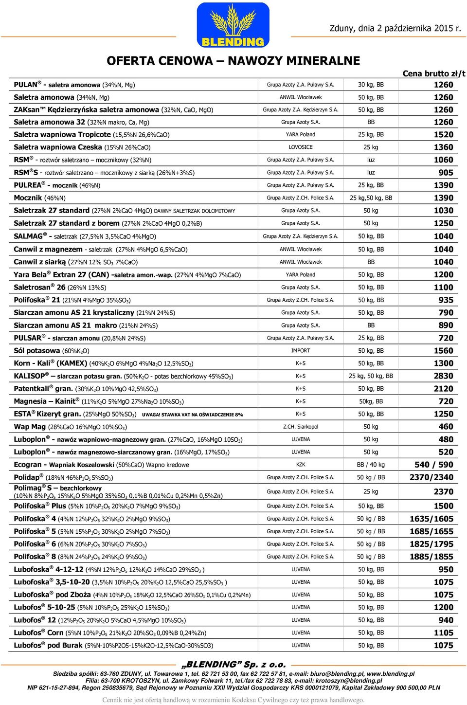 A. Puławy S.A. luz 1060 RSM S - roztwór saletrzano mocznikowy z siarką (26%N+3%S) Grupa Azoty Z.A. Puławy S.A. luz 905 PULREA - mocznik (46%N) Grupa Azoty Z.A. Puławy S.A. 25 kg, BB 1390 Mocznik (46%N) Grupa Azoty Z.