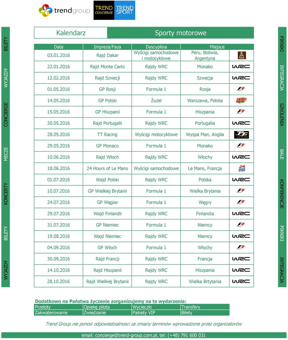 05.2016 TT Racing Wyścigi motocyklowe Wyspa Man, Anglia MECZE 29.05.2016 GP Monaco Formula 1 Monako 10.06.2016 Rajd Włoch Rajdy WRC Włochy BALE 18.06.2016 24 Hours of Le Mans Wyścigi samochodowe Le Mans, Francja KONCERTY 01.