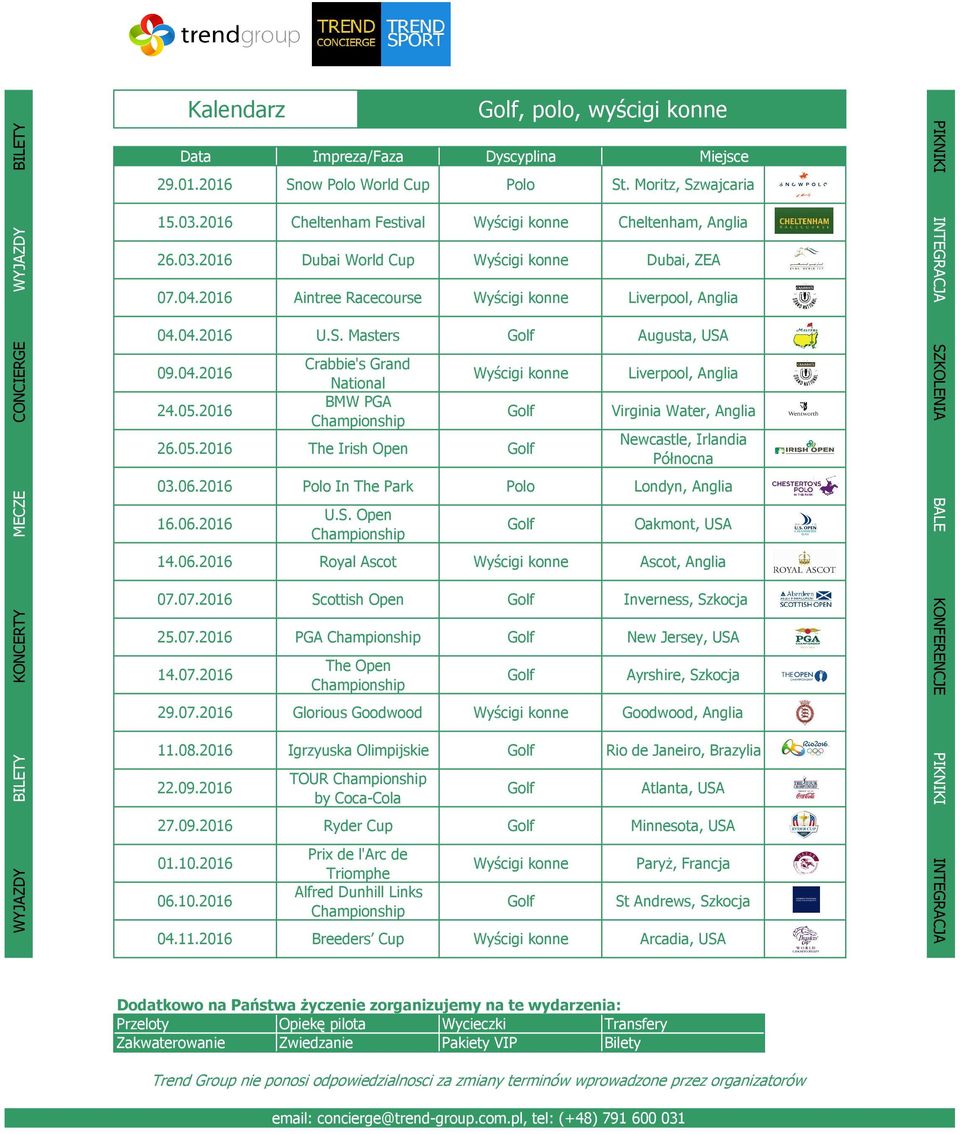 04.2016 24.05.2016 Crabbie's Grand National BMW PGA Championship Wyścigi konne 26.05.2016 The Irish Open Augusta, USA Liverpool, Anglia Virginia Water, Anglia Newcastle, Irlandia Północna 03.06.