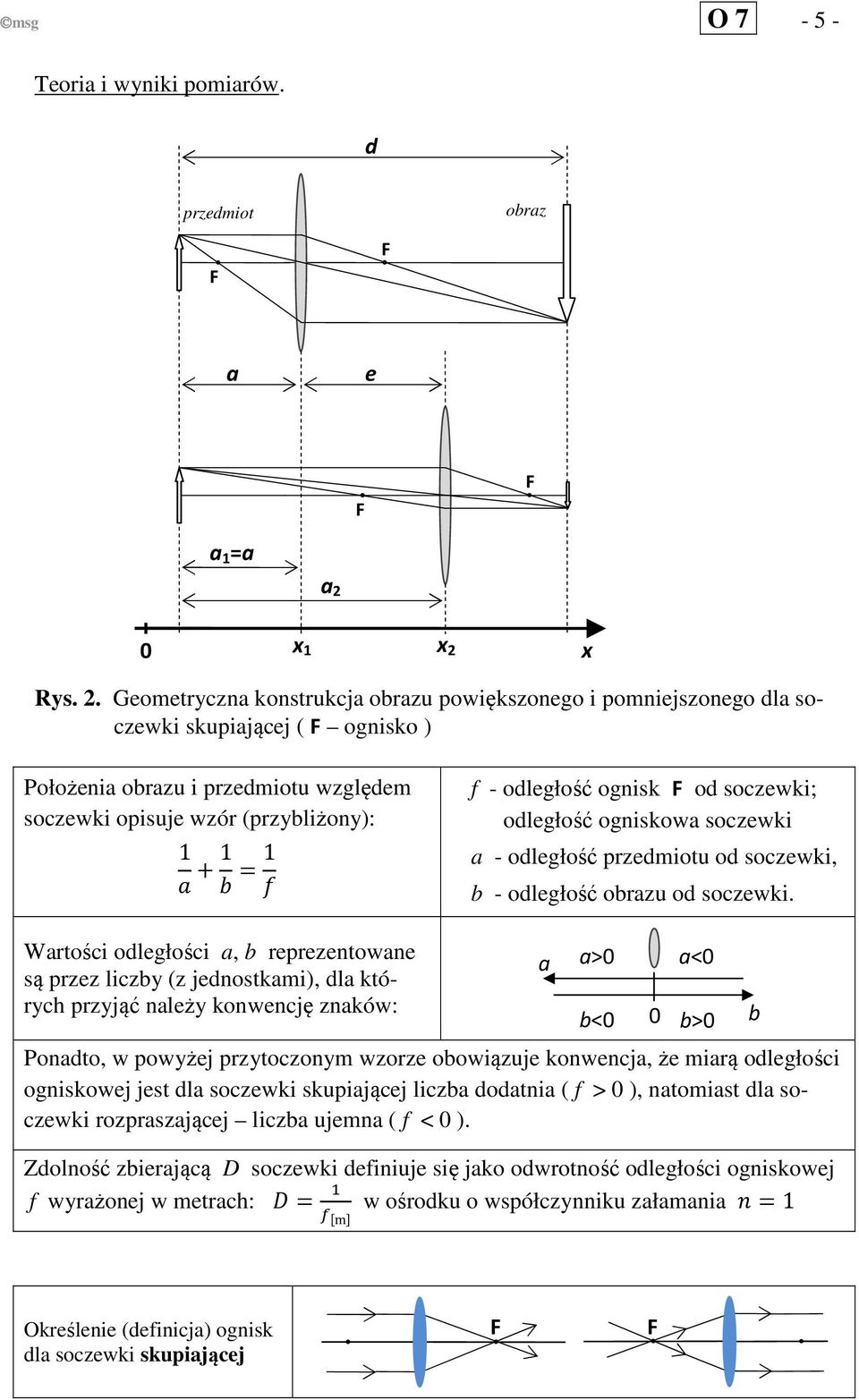 Geometryczna konstrukcja obrazu powiększonego i pomniejszonego dla soczewki skupiającej ( ognisko ) x 2 Położenia obrazu i przedmiotu względem soczewki opisuje wzór (przybliżony): + 0 = f - odległość