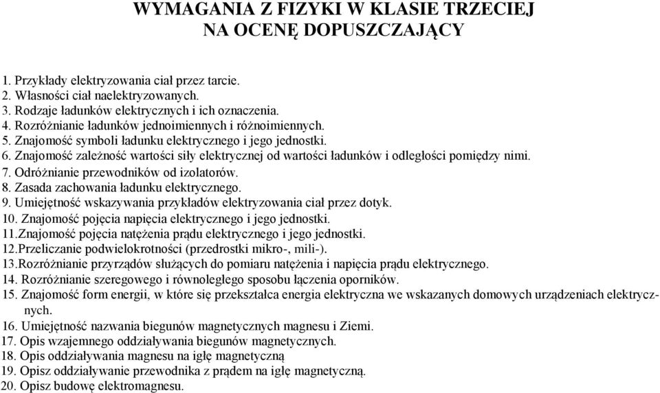 Znajomość zależność wartości siły elektrycznej od wartości ładunków i odległości pomiędzy nimi. 7. Odróżnianie przewodników od izolatorów. 8. Zasada zachowania ładunku elektrycznego. 9.