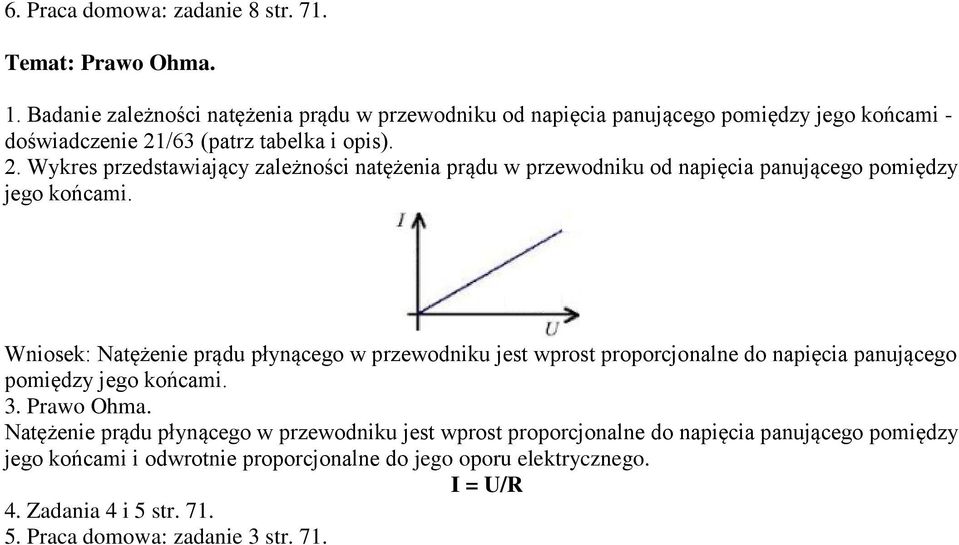 /63 (patrz tabelka i opis). 2. Wykres przedstawiający zależności natężenia prądu w przewodniku od napięcia panującego pomiędzy jego końcami.