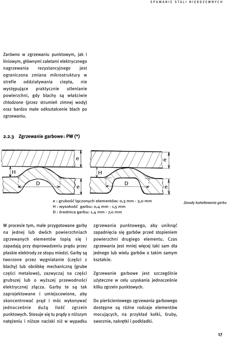 2.3 Zgrzewanie garbowe: PW (*) e e H H D e D e e : grubość łączonych elementów: 0,3 mm - 3,0 mm H : wysokość garbu: 0,4 mm - 1,5 mm D : średnica garbu: 1,4 mm - 7,0 mm Zasady kształtowania garbu W