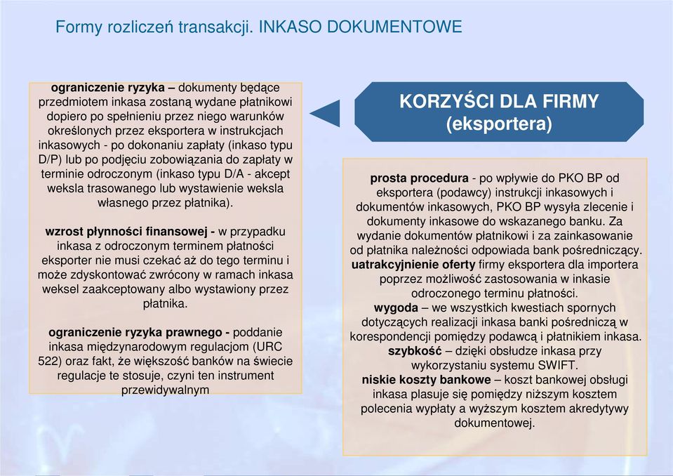 - po dokonaniu zapłaty (inkaso typu D/P) lub po podjęciu zobowiązania do zapłaty w terminie odroczonym (inkaso typu D/A - akcept weksla trasowanego lub wystawienie weksla własnego przez płatnika).