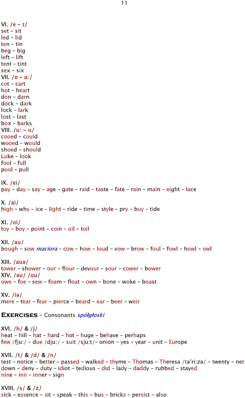 /ai/ high why ice light ride time style pry buy tide XI. /oi/ toy boy point coin oil toil XII. /au/ bough sow maciora cow how loud vow brow foul fowl howl owl XIII.