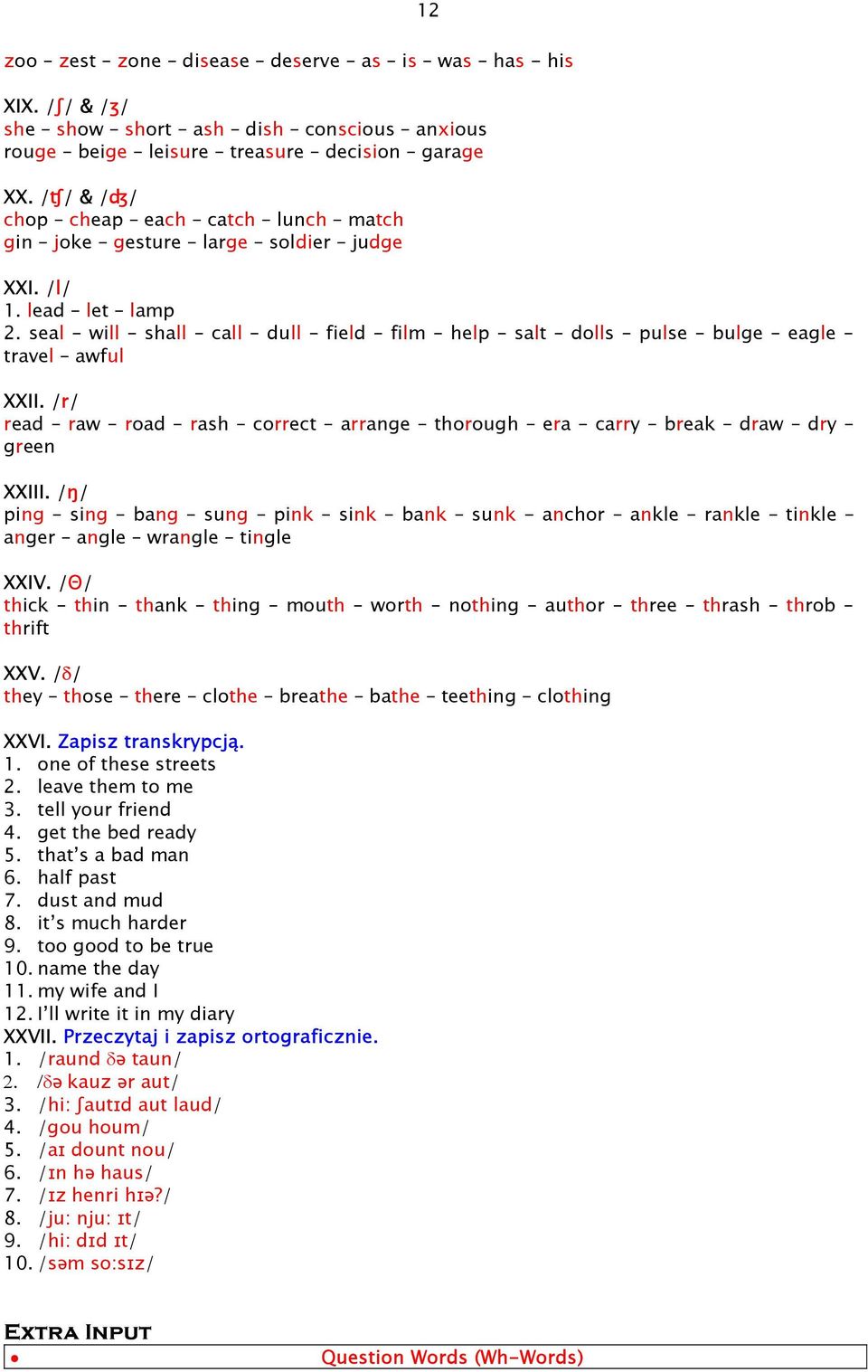 /r/ read raw road rash correct arrange thorough era carry break draw dry green XXIII. /ŋ/ ping sing bang sung pink sink bank sunk - anchor ankle rankle tinkle anger angle wrangle tingle XXIV.