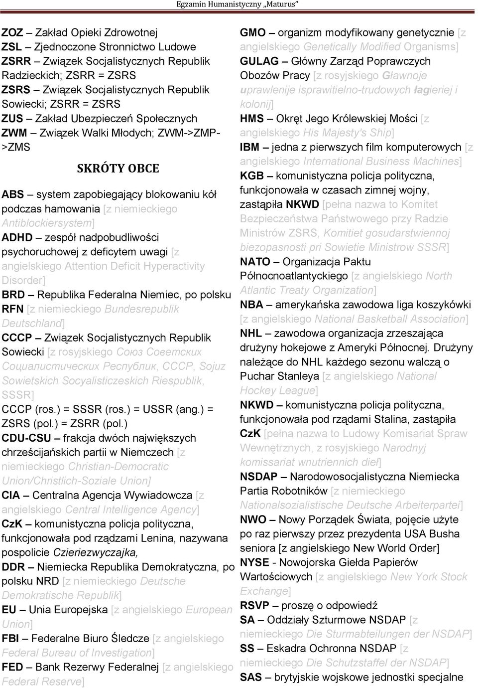 psychoruchowej z deficytem uwagi [z angielskiego Attention Deficit Hyperactivity Disorder] BRD Republika Federalna Niemiec, po polsku RFN [z niemieckiego Bundesrepublik Deutschland] CCCP Związek