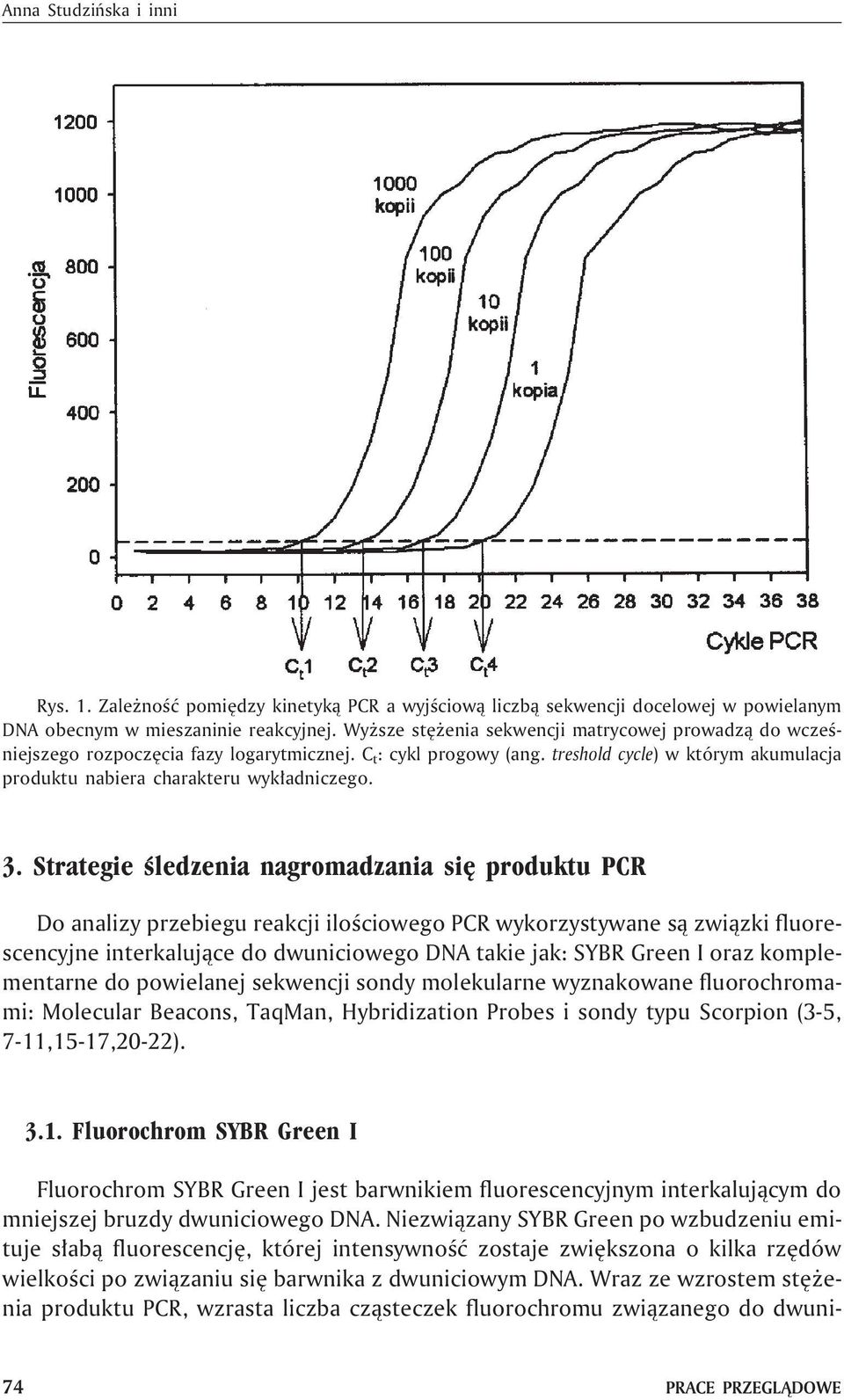 3. Strategie œledzenia nagromadzania siê produktu PCR Do analizy przebiegu reakcji iloœciowego PCR wykorzystywane s¹ zwi¹zki fluorescencyjne interkaluj¹ce do dwuniciowego DNA takie jak: SYBR Green I