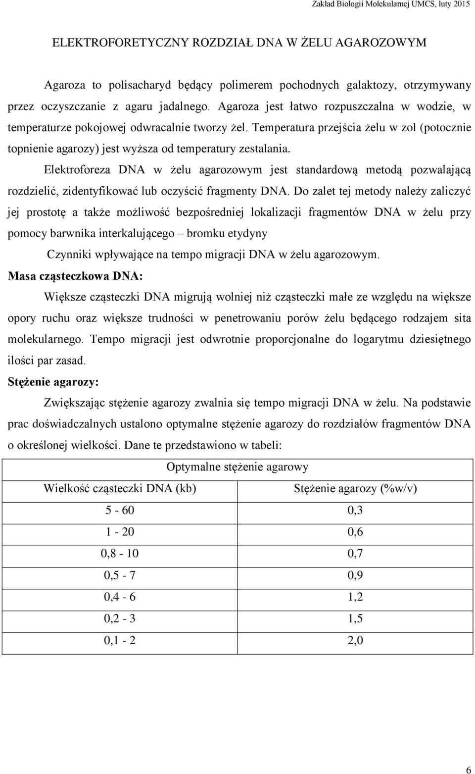 Elektroforeza DNA w żelu agarozowym jest standardową metodą pozwalającą rozdzielić, zidentyfikować lub oczyścić fragmenty DNA.