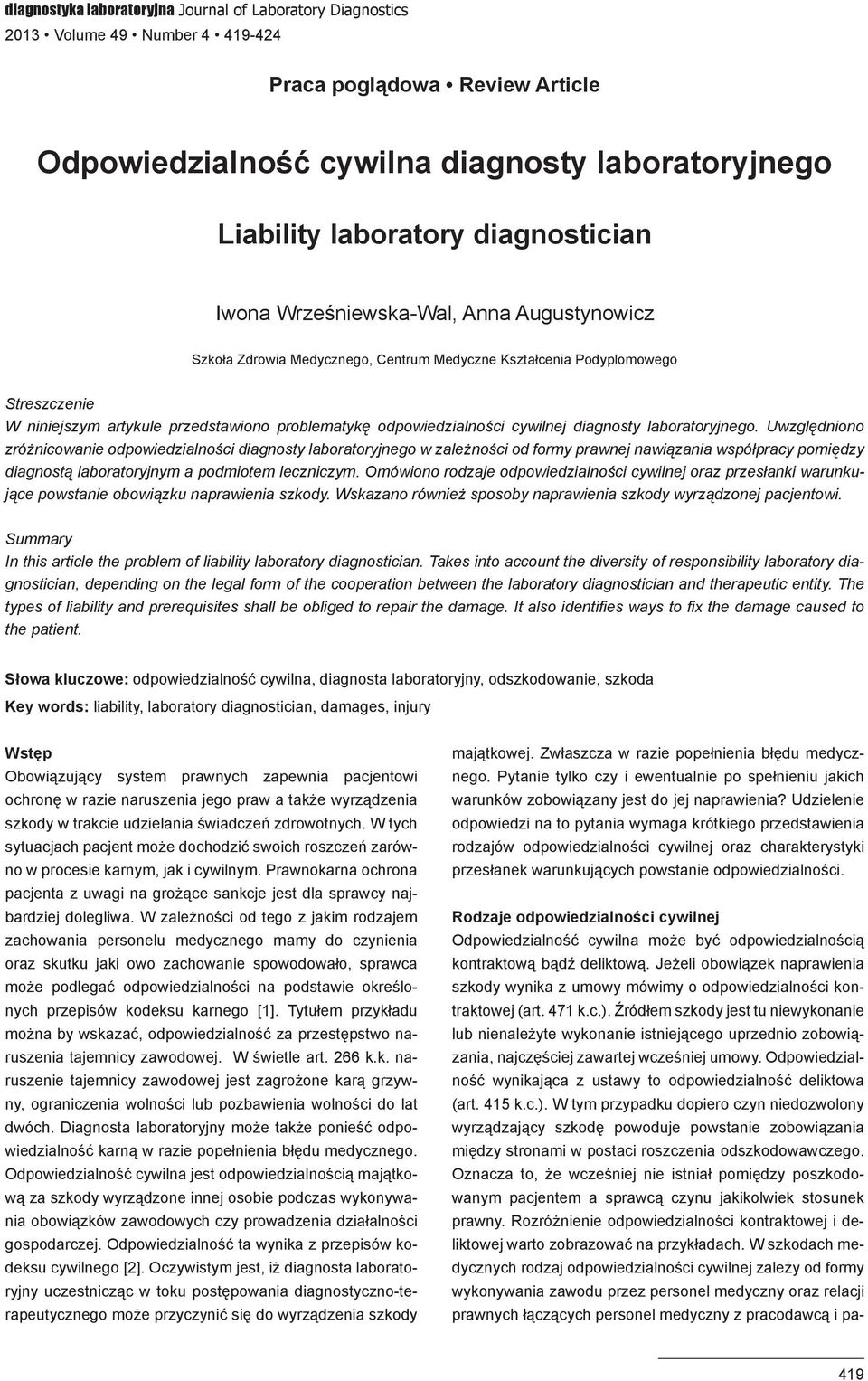 odpowiedzialności cywilnej diagnosty laboratoryjnego.