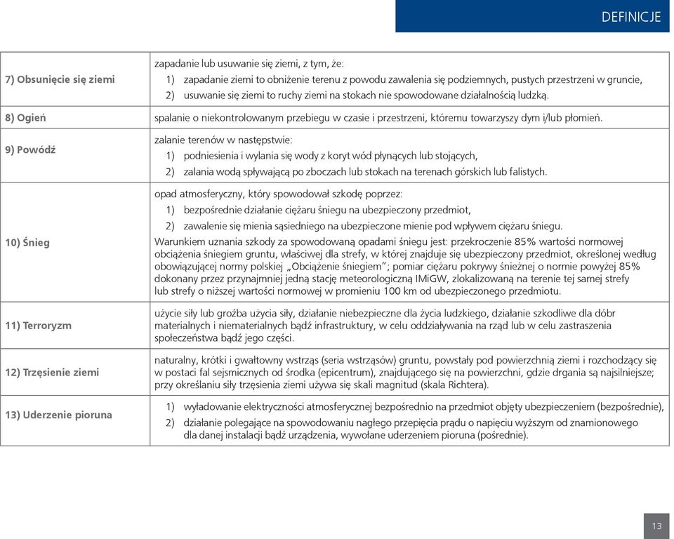 9) Powódź 10) Śnieg 11) Terroryzm 12) Trzęsienie ziemi 13) Uderzenie pioruna zalanie terenów w następstwie: 1) podniesienia i wylania się wody z koryt wód płynących lub stojących, 2) zalania wodą