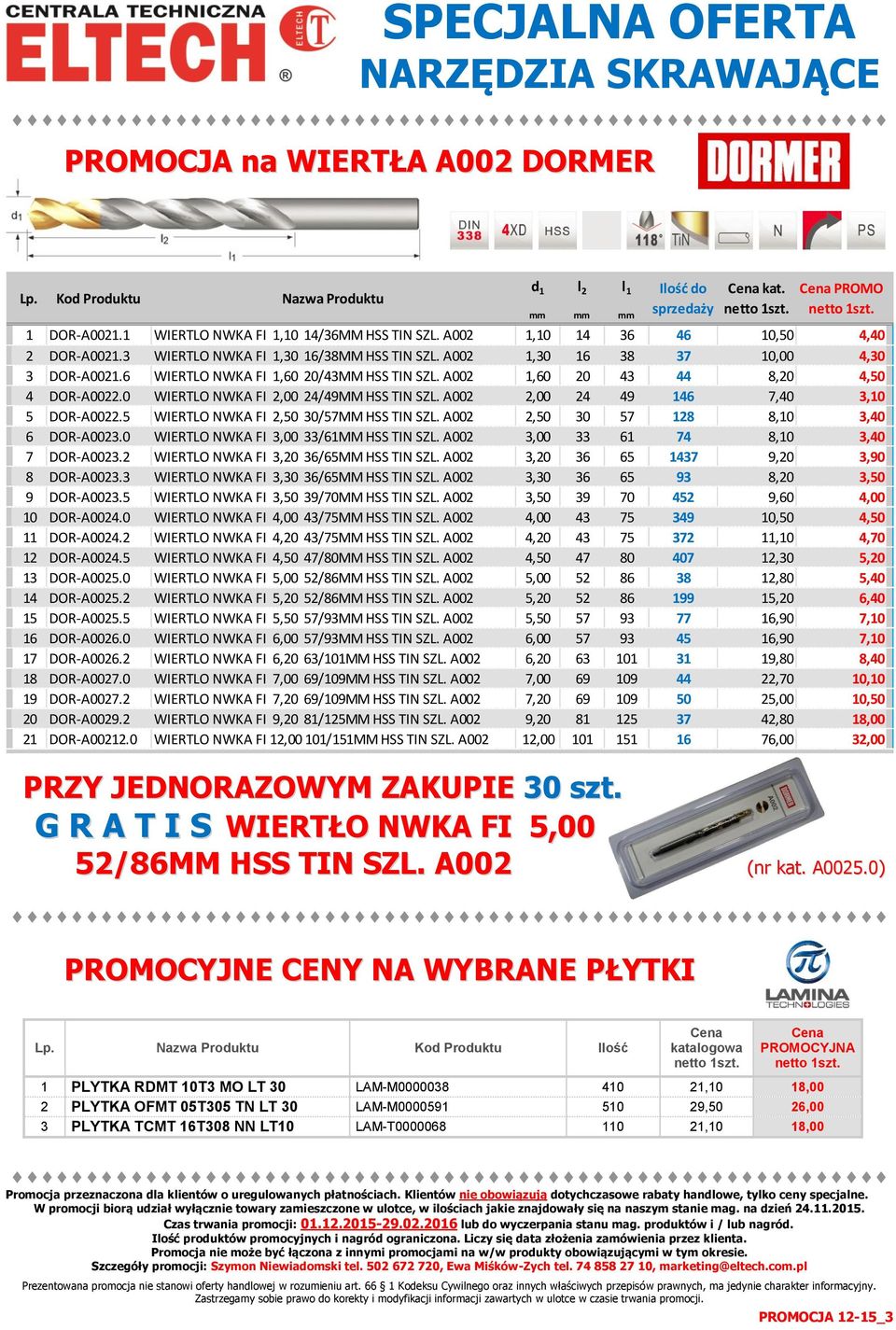 6 WIERTLO NWKA FI 1,60 20/43MM HSS TIN SZL. A002 1,60 20 43 44 8,20 4,50 4 DOR-A0022.0 WIERTLO NWKA FI 2,00 24/49MM HSS TIN SZL. A002 2,00 24 49 146 7,40 3,10 5 DOR-A0022.