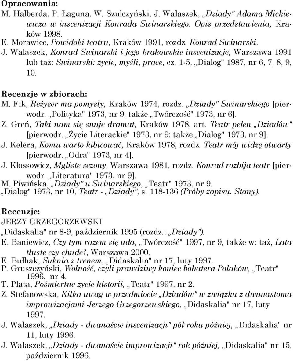 1-5, Dialog" 1987, nr 6, 7, 8, 9, 10. Recenzje w zbiorach: M. Fik, Reżyser ma pomysły, Kraków 1974, rozdz. Dziady" Swinarskiego [pierwodr. Polityka" 1973, nr 9; także Twórczość" 1973, nr 6]. Z.