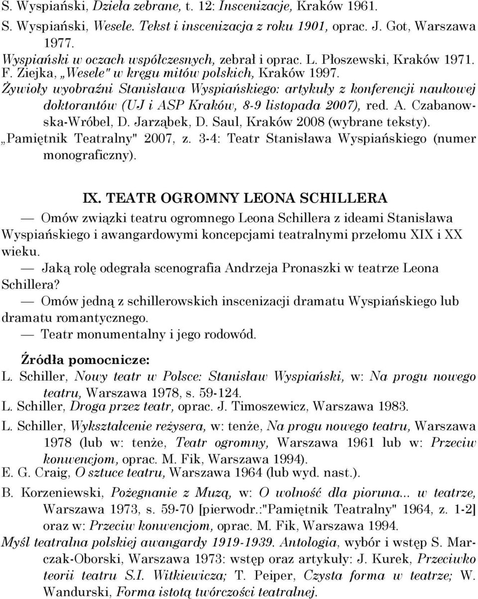 Żywioły wyobraźni Stanisława Wyspiańskiego: artykuły z konferencji naukowej doktorantów (UJ i ASP Kraków, 8-9 listopada 2007), red. A. Czabanowska-Wróbel, D. Jarząbek, D.