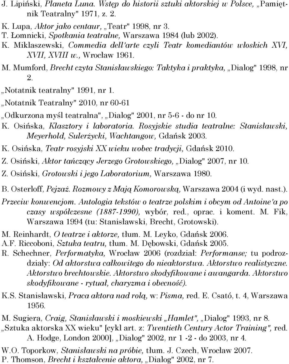 Notatnik teatralny" 1991, nr 1. Notatnik Teatralny" 2010, nr 60-61 Odkurzona myśl teatralna", Dialog" 2001, nr 5-6 - do nr 10. K. Osińska, Klasztory i laboratoria.