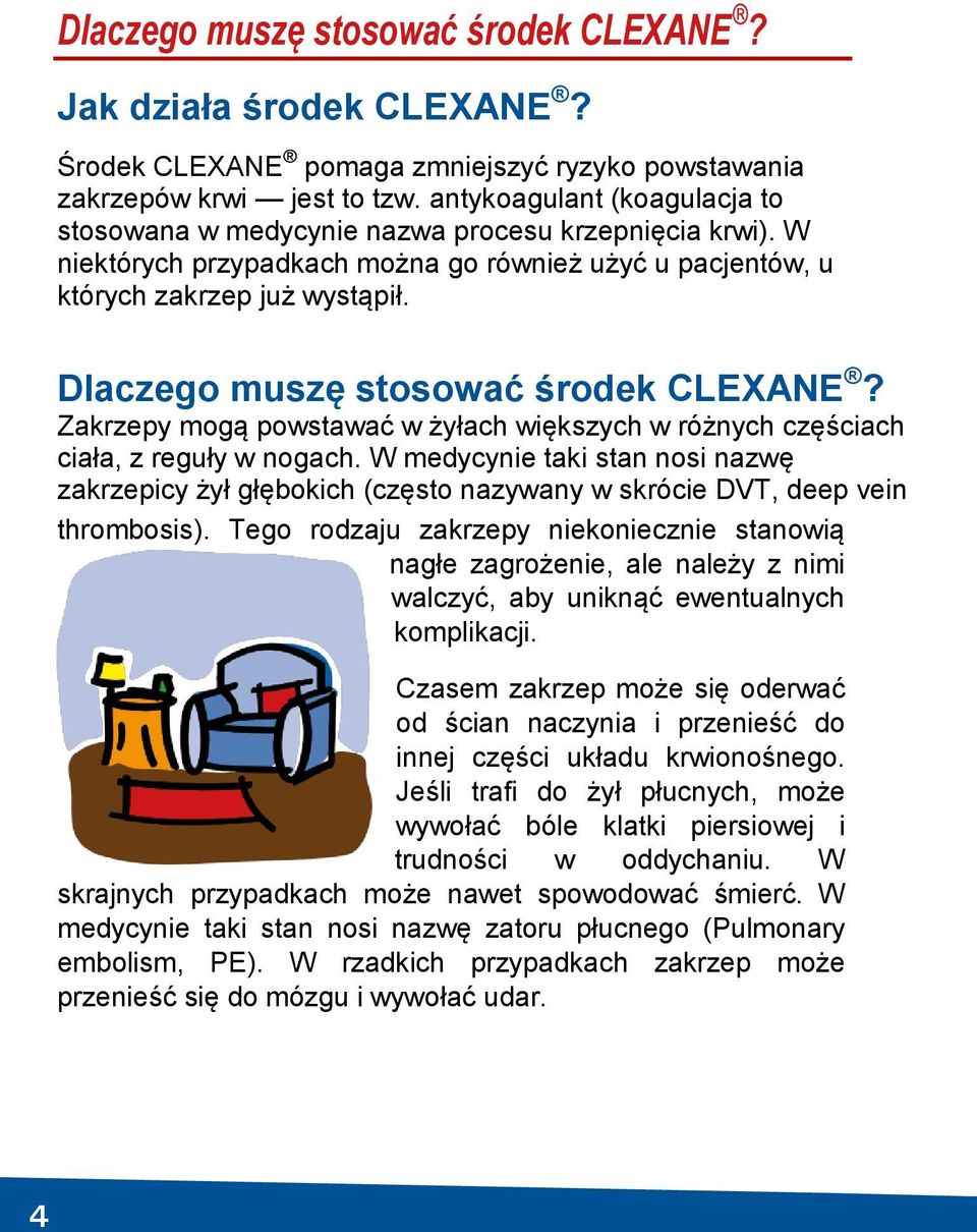 Dlaczego muszę stosować środek CLEXANE? Zakrzepy mogą powstawać w żyłach większych w różnych częściach ciała, z reguły w nogach.