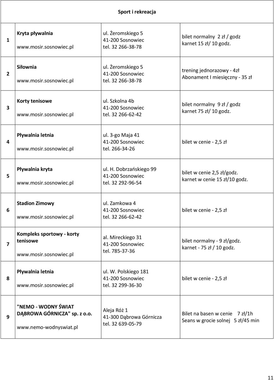 9-96-5 bilet w cenie,5 zł/godz. karnet w cenie 5 zł/0 godz. 6 Stadion Zimowy ul. Zamkowa tel. 66-6- bilet w cenie -,5 zł 7 Kompleks sportowy - korty tenisowe al. Mireckiego tel.