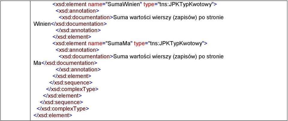 name="sumama" type="tns:jpktypkwotowy"> <xsd:>suma wartości wierszy