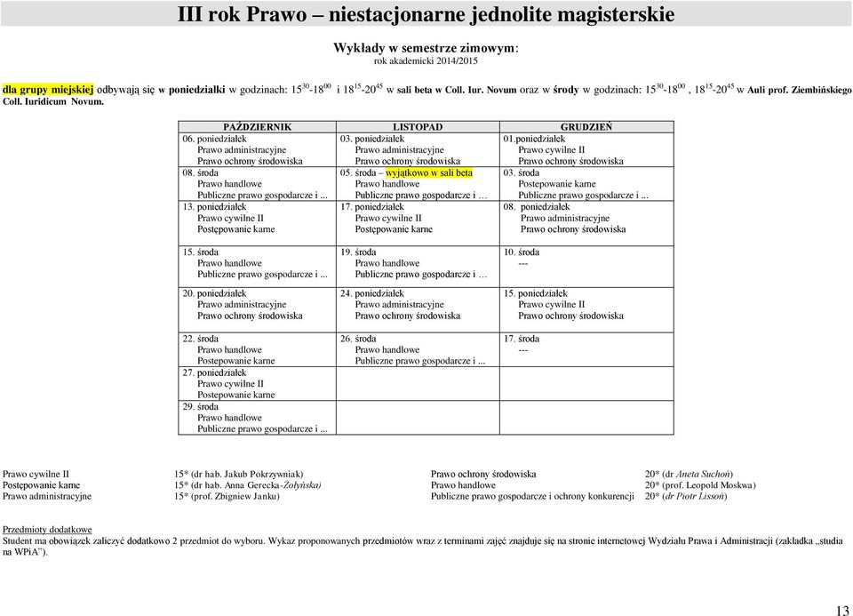 poniedziałek Prawo cywilne II Prawo ochrony środowiska Prawo ochrony środowiska 06. poniedziałek Prawo ochrony środowiska 08. środa Publiczne prawo gospodarcze i... 13.