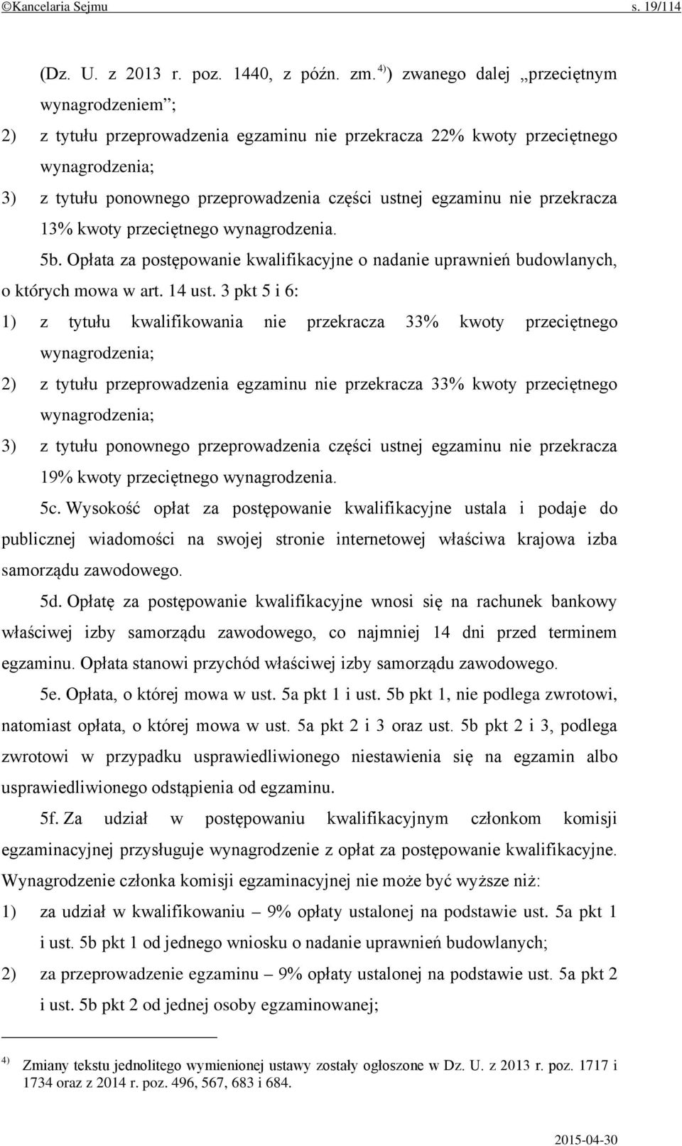 nie przekracza 13% kwoty przeciętnego wynagrodzenia. 5b. Opłata za postępowanie kwalifikacyjne o nadanie uprawnień budowlanych, o których mowa w art. 14 ust.