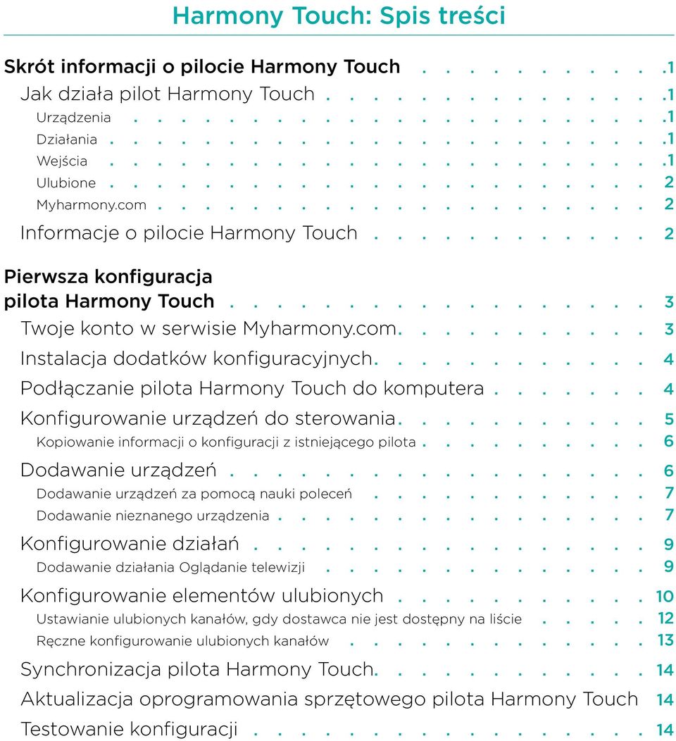 com 3 Instalacja dodatków konfiguracyjnych 4 Podłączanie pilota Harmony Touch do komputera 4 Konfigurowanie urządzeń do sterowania 5 Kopiowanie informacji o konfiguracji z istniejącego pilota 6