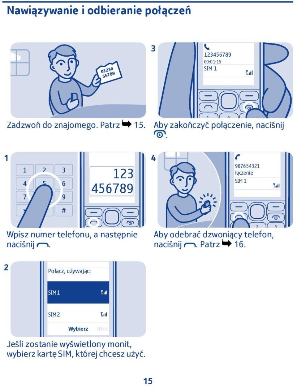 3 456789 4 9876543 łączenie SIM Wpisz numer telefonu, a następnie naciśnij.