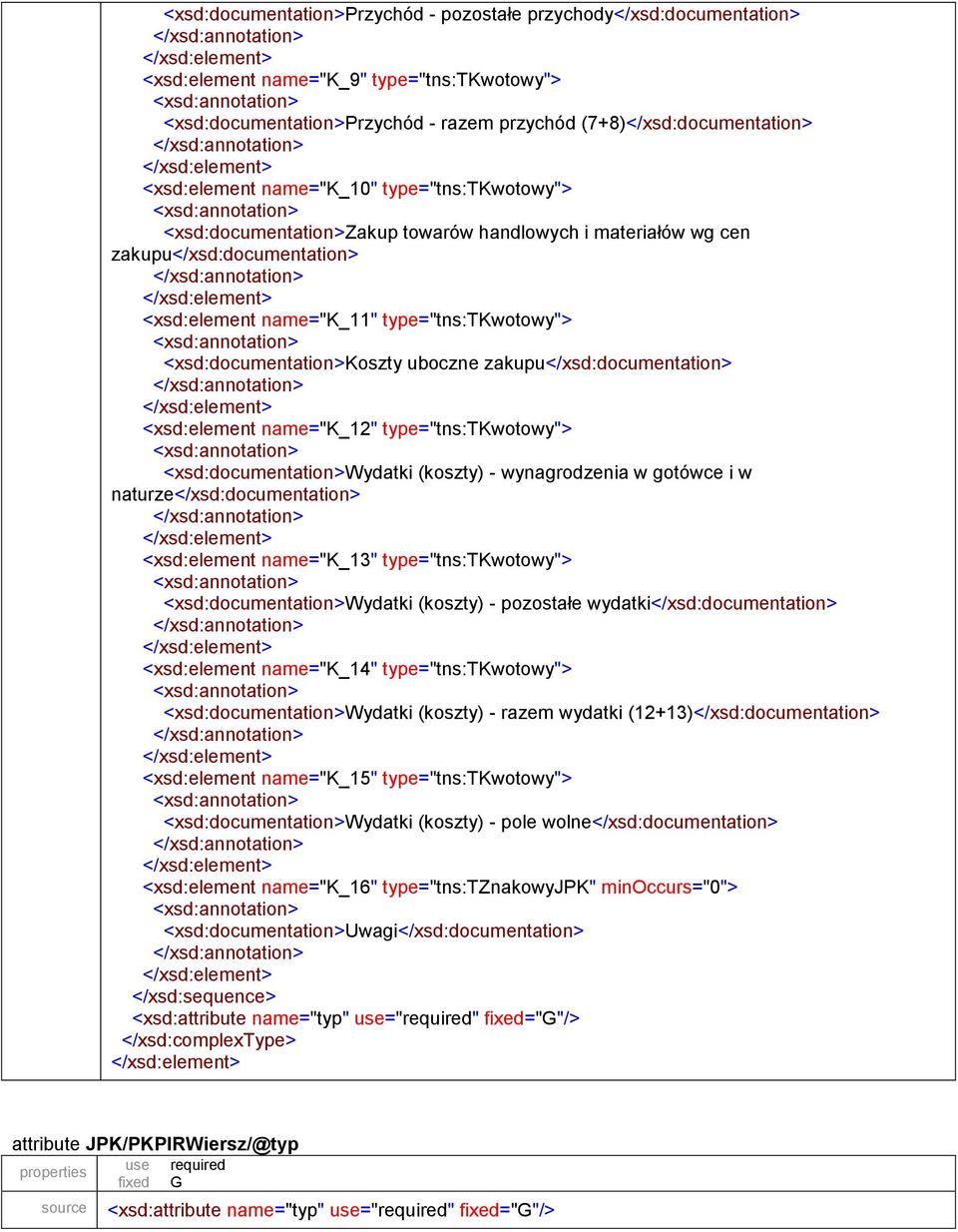 wynagrodzenia w gotówce i w naturze</xsd:> <xsd:element name="k_13" type="tns:tkwotowy"> <xsd:>wydatki (koszty) - pozostałe wydatki</xsd:> <xsd:element name="k_14" type="tns:tkwotowy"> <xsd:>wydatki