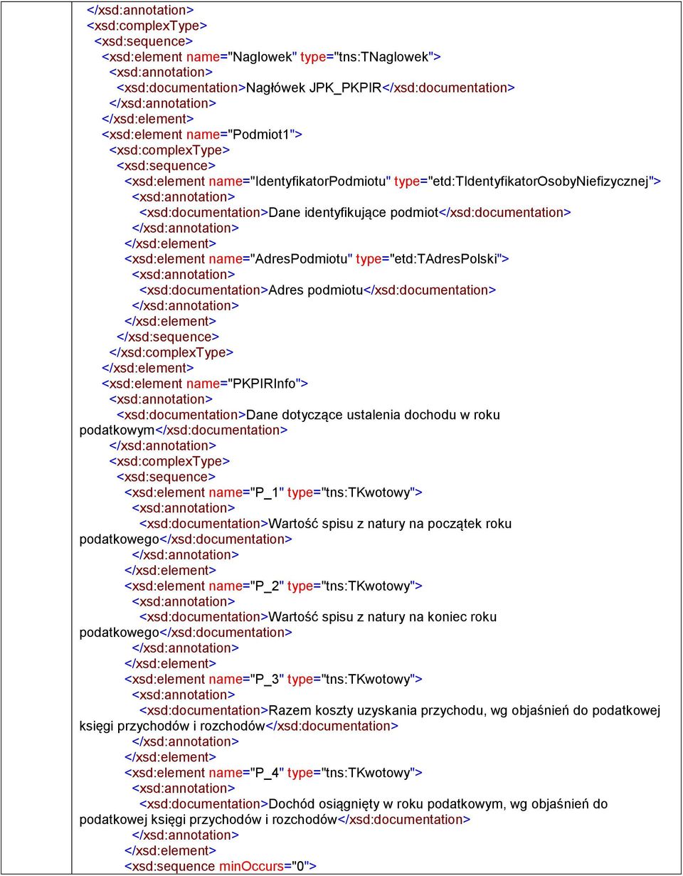 podmiotu</xsd:> </xsd:sequence> </xsd:complextype> <xsd:element name="pkpirinfo"> <xsd:>dane dotyczące ustalenia dochodu w roku podatkowym</xsd:> <xsd:complextype> <xsd:sequence> <xsd:element