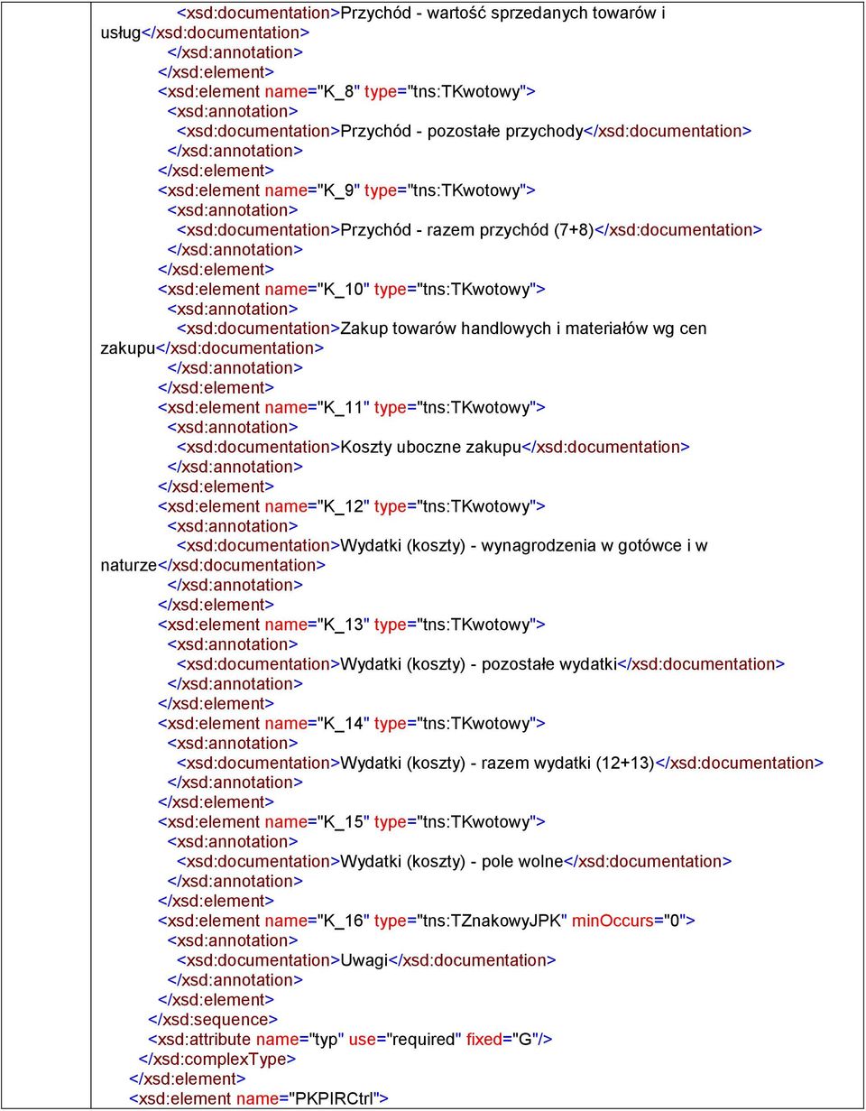 type="tns:tkwotowy"> <xsd:>koszty uboczne zakupu</xsd:> <xsd:element name="k_12" type="tns:tkwotowy"> <xsd:>wydatki (koszty) - wynagrodzenia w gotówce i w naturze</xsd:> <xsd:element name="k_13"