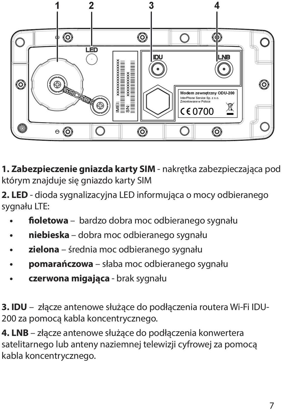 LED - dioda sygnalizacyjna LED informująca o mocy odbieranego sygnału LTE: fioletowa bardzo dobra moc odbieranego sygnału niebieska dobra moc odbieranego sygnału zielona średnia