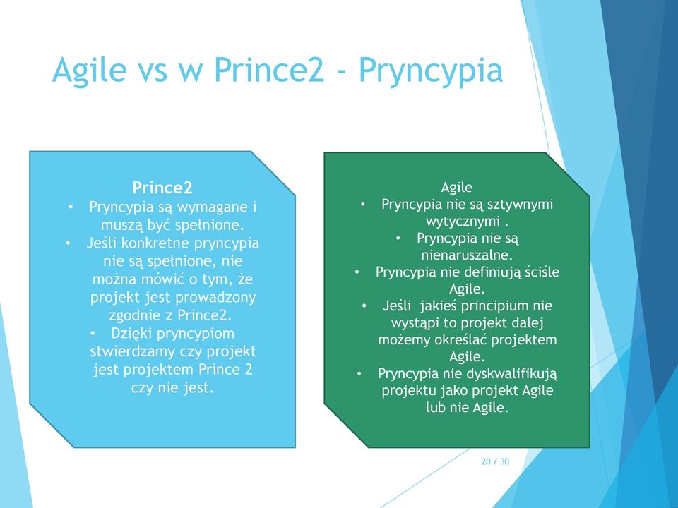 Dzięki pryncypiom stwierdzamy czy projekt jest projektem Prince 2 czy nie jest. Agile Pryncypia nie są sztywnymi wytycznymi.
