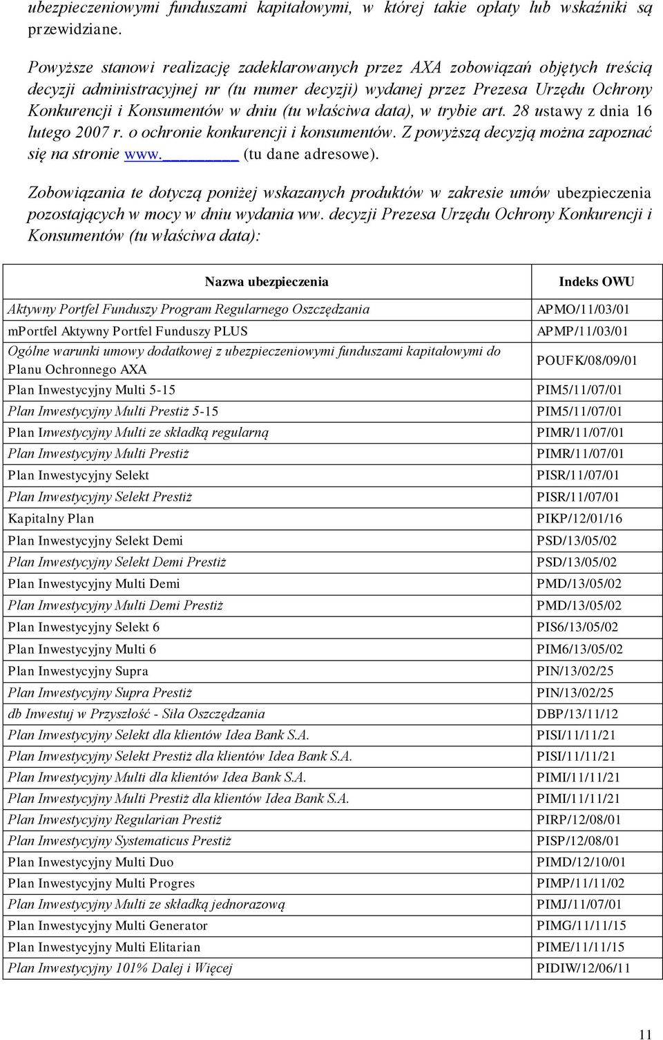 (tu właściwa data), w trybie art. 28 ustawy z dnia 16 lutego 2007 r. o ochronie konkurencji i konsumentów. Z powyższą decyzją można zapoznać się na stronie www. (tu dane adresowe).