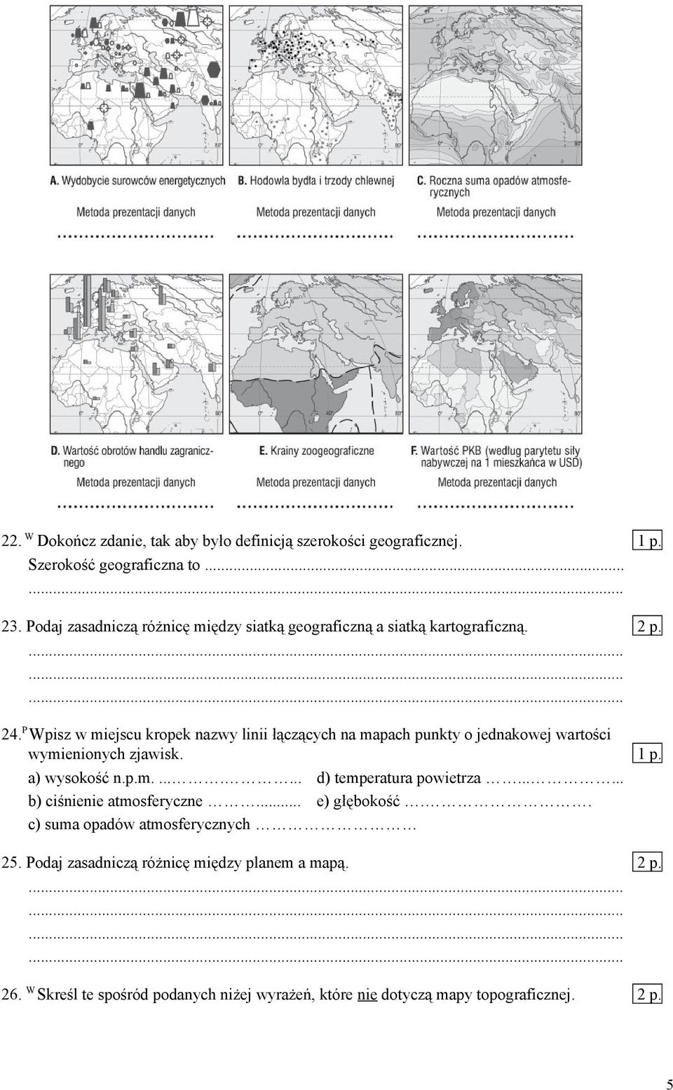 P Wpisz w miejscu kropek nazwy linii łączących na mapach punkty o jednakowej wartości wymienionych zjawisk. a) wysokość n.p.m........ d) temperatura powietrza.