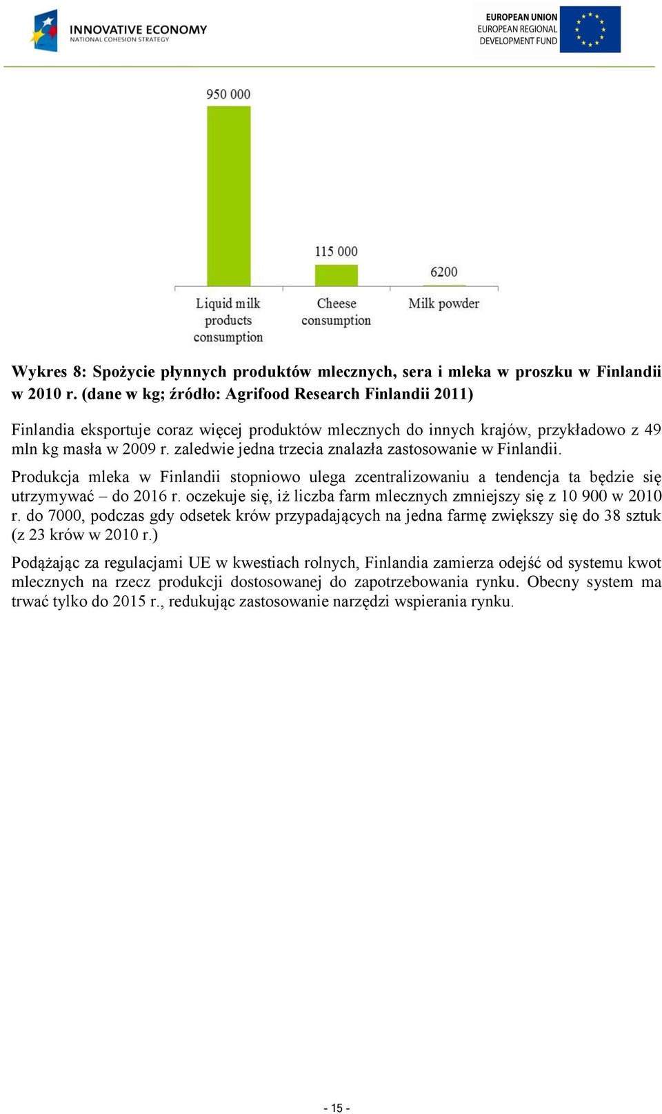 zaledwie jedna trzecia znalazła zastosowanie w Finlandii. Produkcja mleka w Finlandii stopniowo ulega zcentralizowaniu a tendencja ta będzie się utrzymywać do 2016 r.