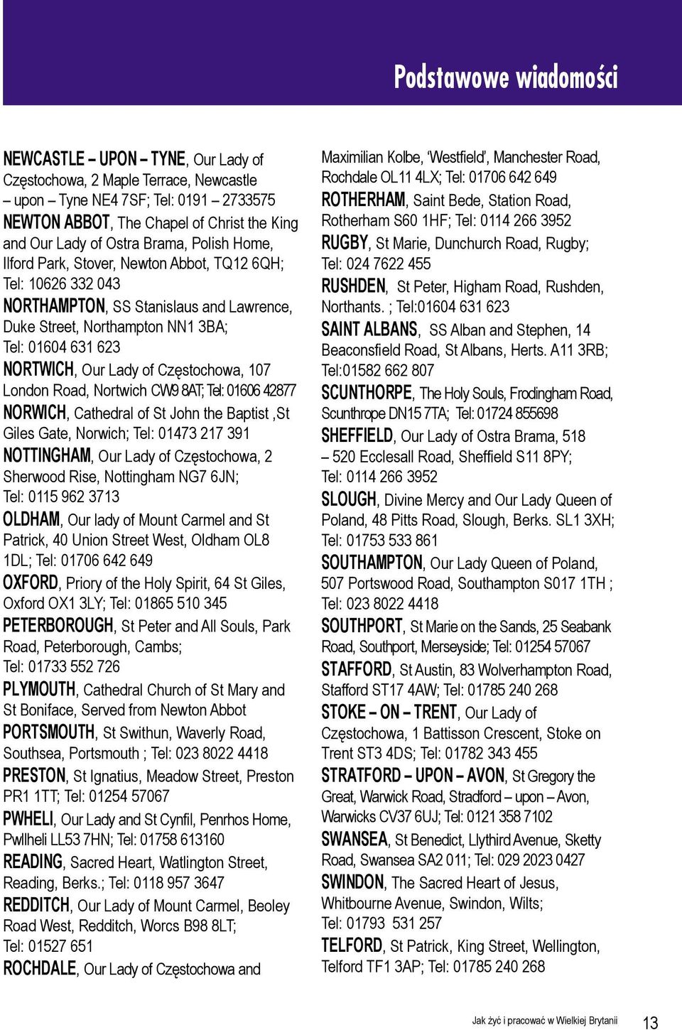 Częstochowa, 107 London Road, Nortwich CW9 8AT; Tel: 01606 42877 NORWICH, Cathedral of St John the Baptist,St Giles Gate, Norwich; Tel: 01473 217 391 NOTTINGHAM, Our Lady of Częstochowa, 2 Sherwood