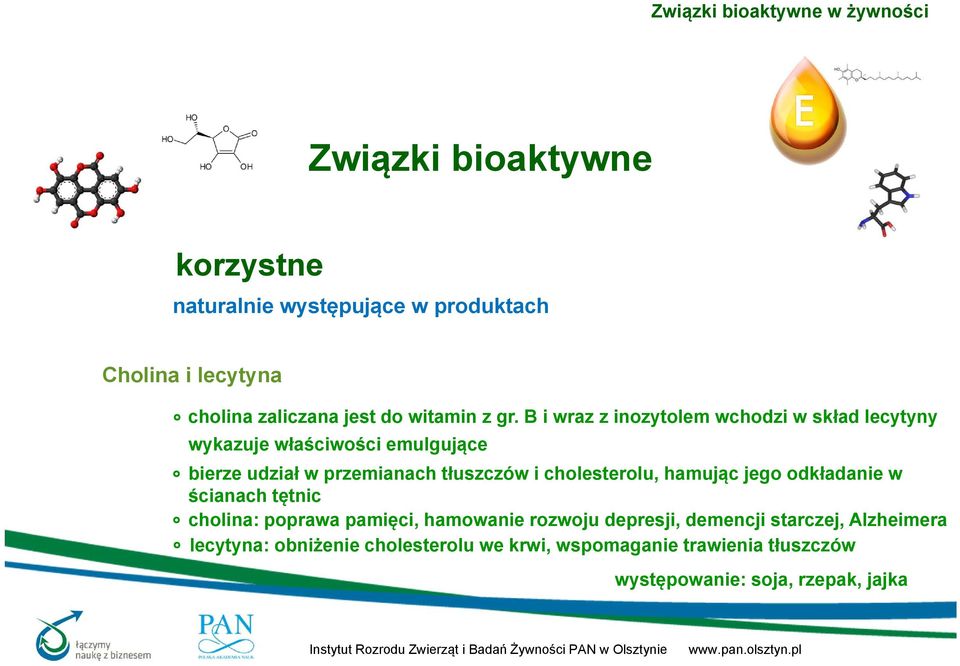 i cholesterolu, hamując jego odkładanie w ścianach tętnic cholina: poprawa pamięci, hamowanie rozwoju depresji,