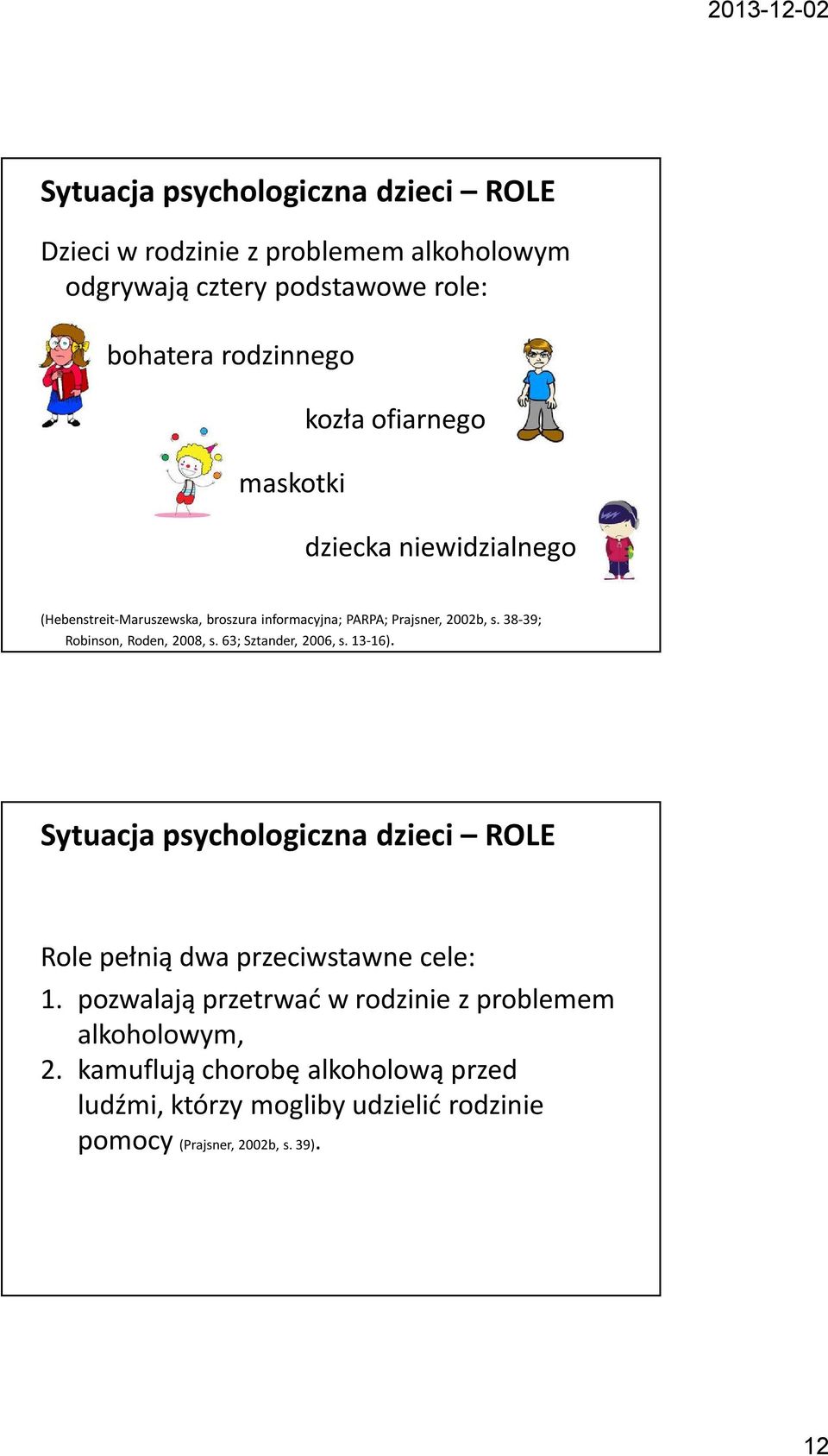38-39; Robinson, Roden, 2008, s. 63; Sztander, 2006, s. 13-16). Sytuacja psychologiczna dzieci ROLE Role pełnią dwa przeciwstawne cele: 1.