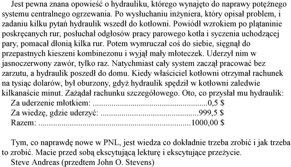 Powiódł wzrokiem po plątaninie poskręcanych rur, posłuchał odgłosów pracy parowego kotła i syczenia uchodzącej pary, pomacał dłonią kilka rur.