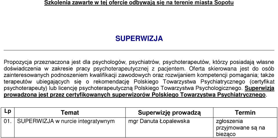 Oferta skierowana jest do osób zainteresowanych podnoszeniem kwalifikacji zawodowych oraz rozwijaniem kompetencji pomagania; tak e terapeutów ubiegających się o rekomendację Polskiego Towarzystwa