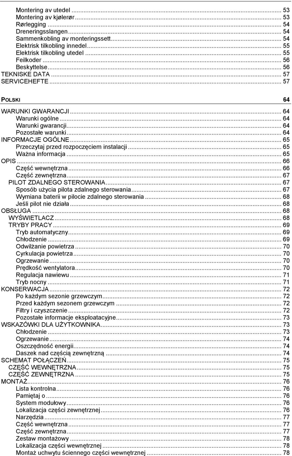 .. 65 Przeczytaj przed rozpoczęciem instalacji... 65 Ważna informacja... 65 OPIS... 66 Część wewnętrzna... 66 Część zewnętrzna... 67 PILOT ZDALNEGO STEROWANIA.