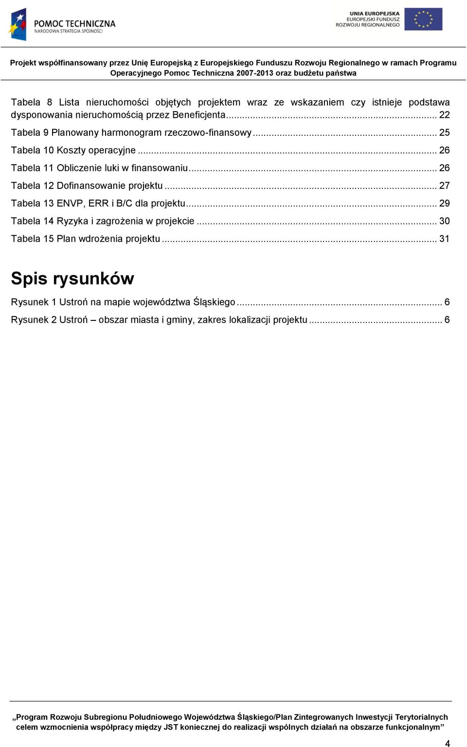 .. 26 Tabela 12 Dofinansowanie projektu... 27 Tabela 13 ENVP, ERR i B/C dla projektu... 29 Tabela 14 Ryzyka i zagrożenia w projekcie.