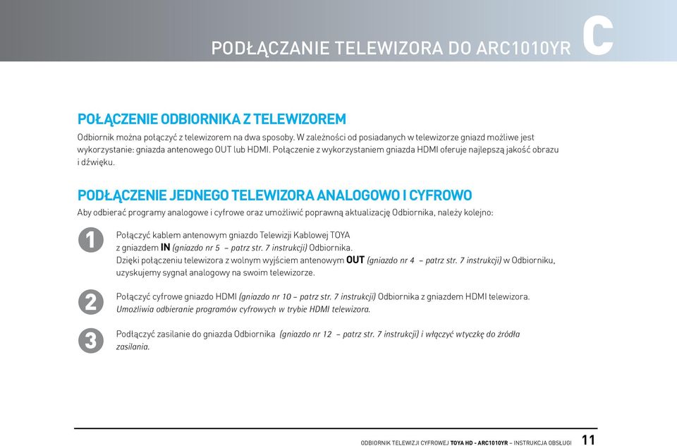 podłączenie jednego telewizora analogowo i cyfrowo Aby odbierać programy analogowe i cyfrowe oraz umożliwić poprawną aktualizację Odbiornika, należy kolejno: 1 Połączyć kablem antenowym gniazdo