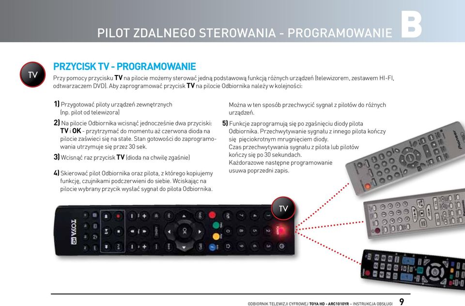 pilot od telewizora) 2) Na pilocie Odbiornika wcisnąć jednocześnie dwa przyciski: TV i OK - przytrzymać do momentu aż czerwona dioda na pilocie zaświeci się na stałe.