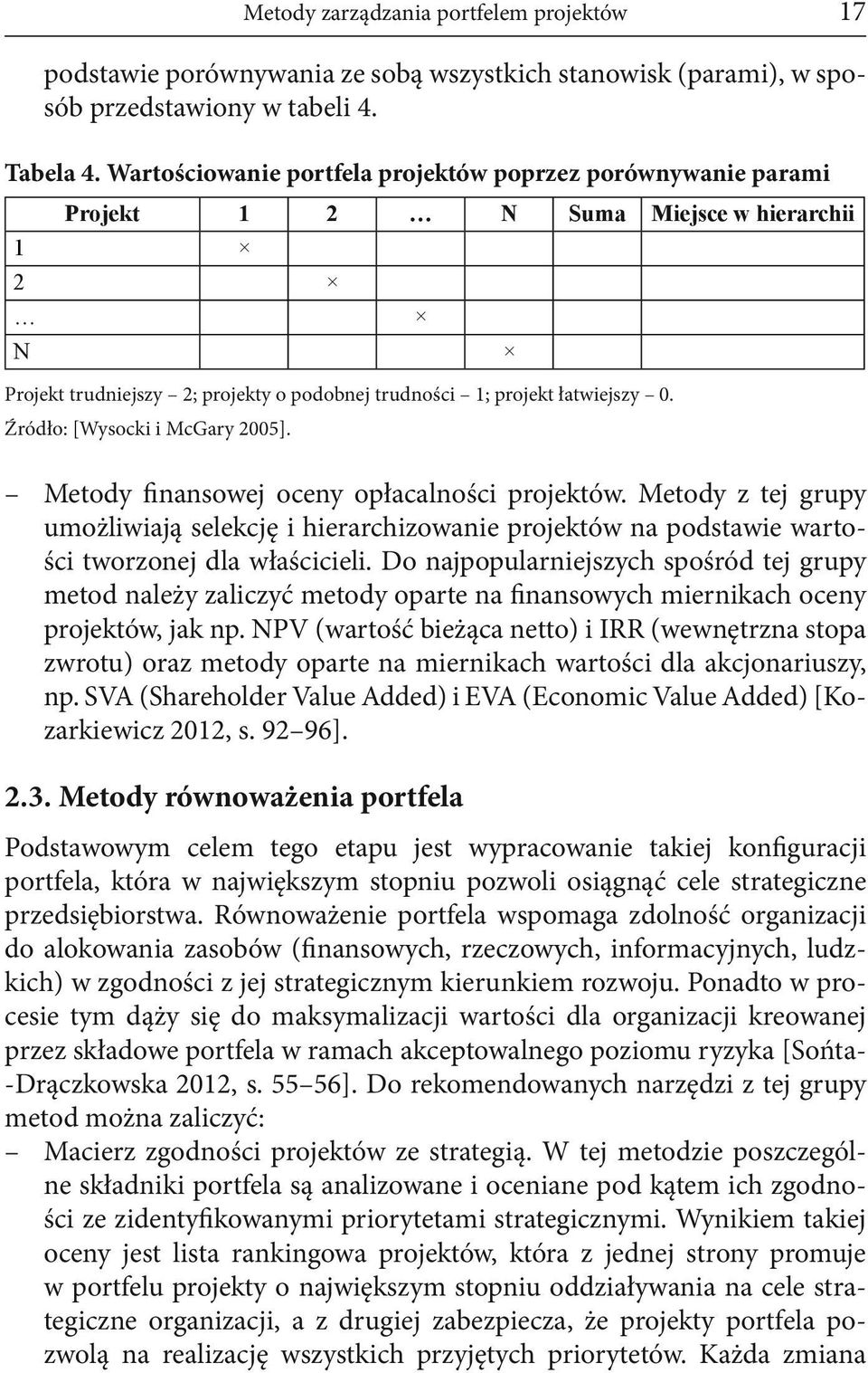 Źródło: [Wysocki i McGary 2005]. Metody finansowej oceny opłacalności projektów. Metody z tej grupy umożliwiają selekcję i hierarchizowanie projektów na podstawie wartości tworzonej dla właścicieli.