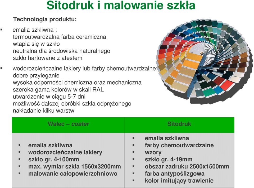 ciągu 5-7 dni możliwość dalszej obróbki szkła odprężonego nakładanie kilku warstw Walec coater emalia szkliwna wodorozcieńczalne lakiery szkło gr. 4-100mm max.