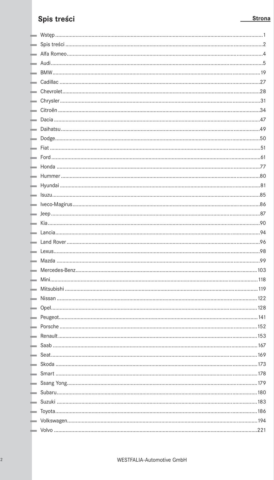 ..94 Land Rover...96 Lexus...98 Mazda...99 Mercedes-Benz...103 Mini...118 Mitsubishi...119 Nissan...122 Opel...128 Peugeot...141 Porsche...152 Renault.